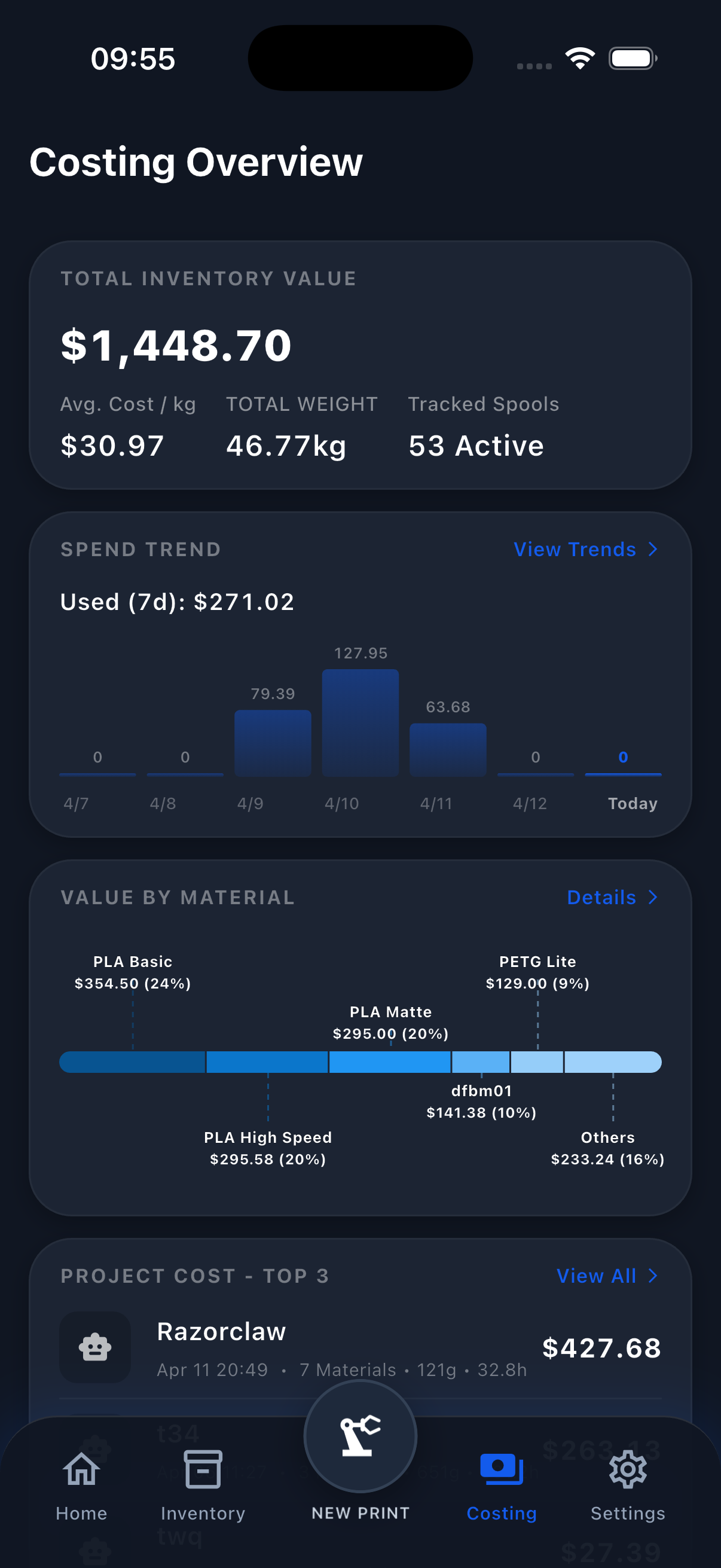 Filament Genius mobile interface for filament and print cost analysis